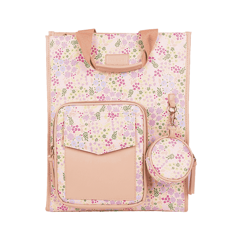 Mochila para mamá floral de cuero PU rosa con mini bolso