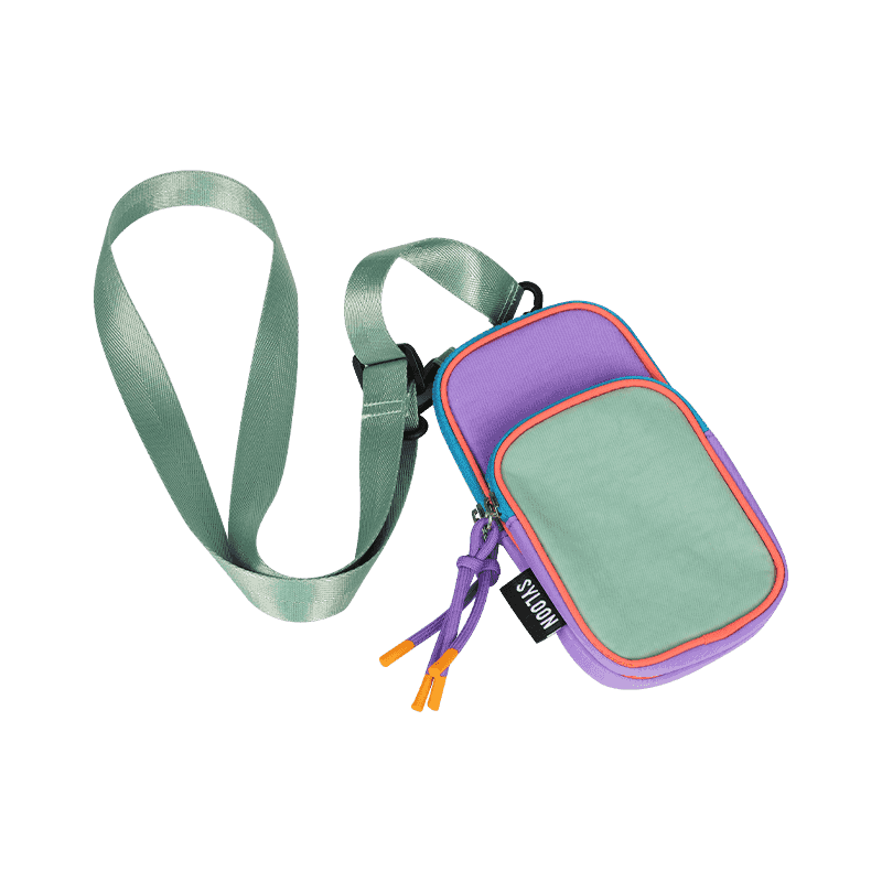 Bolso bandolera vertical con bloques de color verde-morado