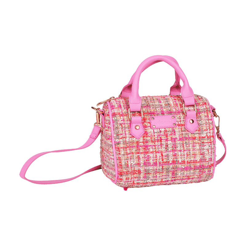 Bolso bandolera cuadrado de tweed acolchado rosa