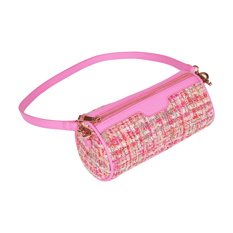 Bolso bandolera cilíndrico de tweed acolchado rosa