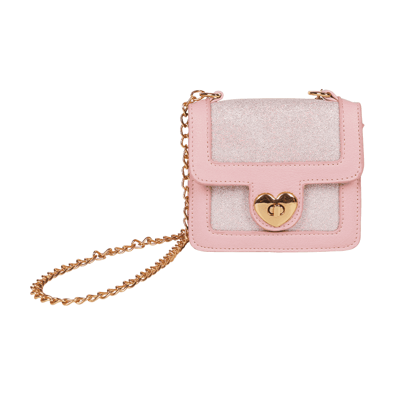 Bolso con cadena y cierre de corazón con purpurina rosa